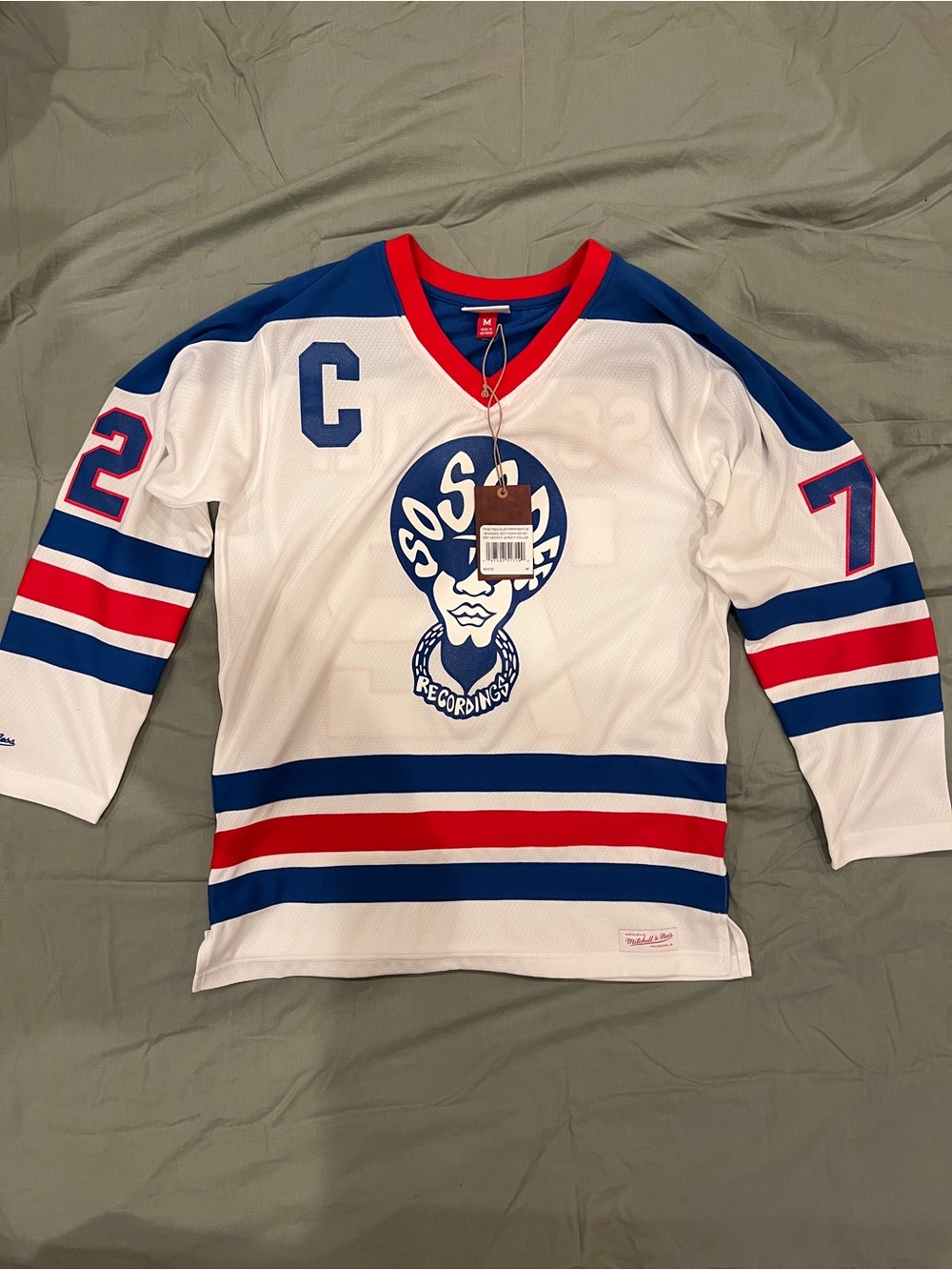 Mitchell & Ness White Blue Red Kids Hockey Jersey with Center Graphic